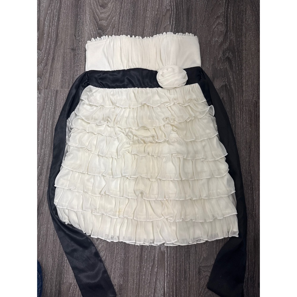 Vintage Strapless Ruffle Mini Dress Sm White Black Sash Rosette Party Cocktail
